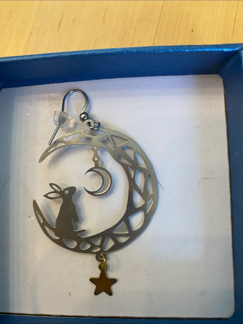 Lunar Rabbit Crescent Moon Drop Earring with Star Charm - Silver Tone